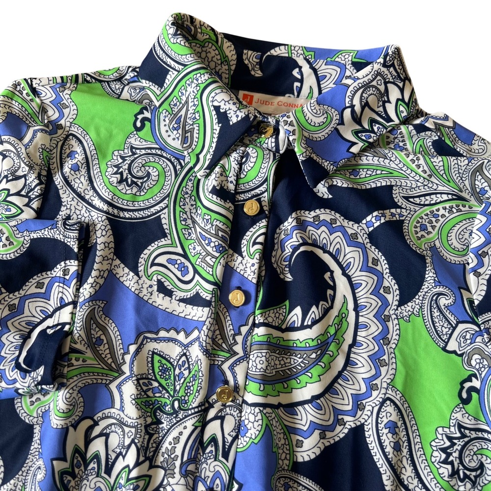 Jude Connally Women's M Shift Dress Blue Green Paisley 3/4 Sleeve 101489
